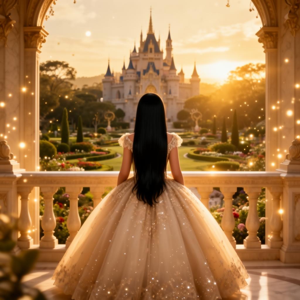 Salomé de espaldas, contemplando su reino al atardecer dorado